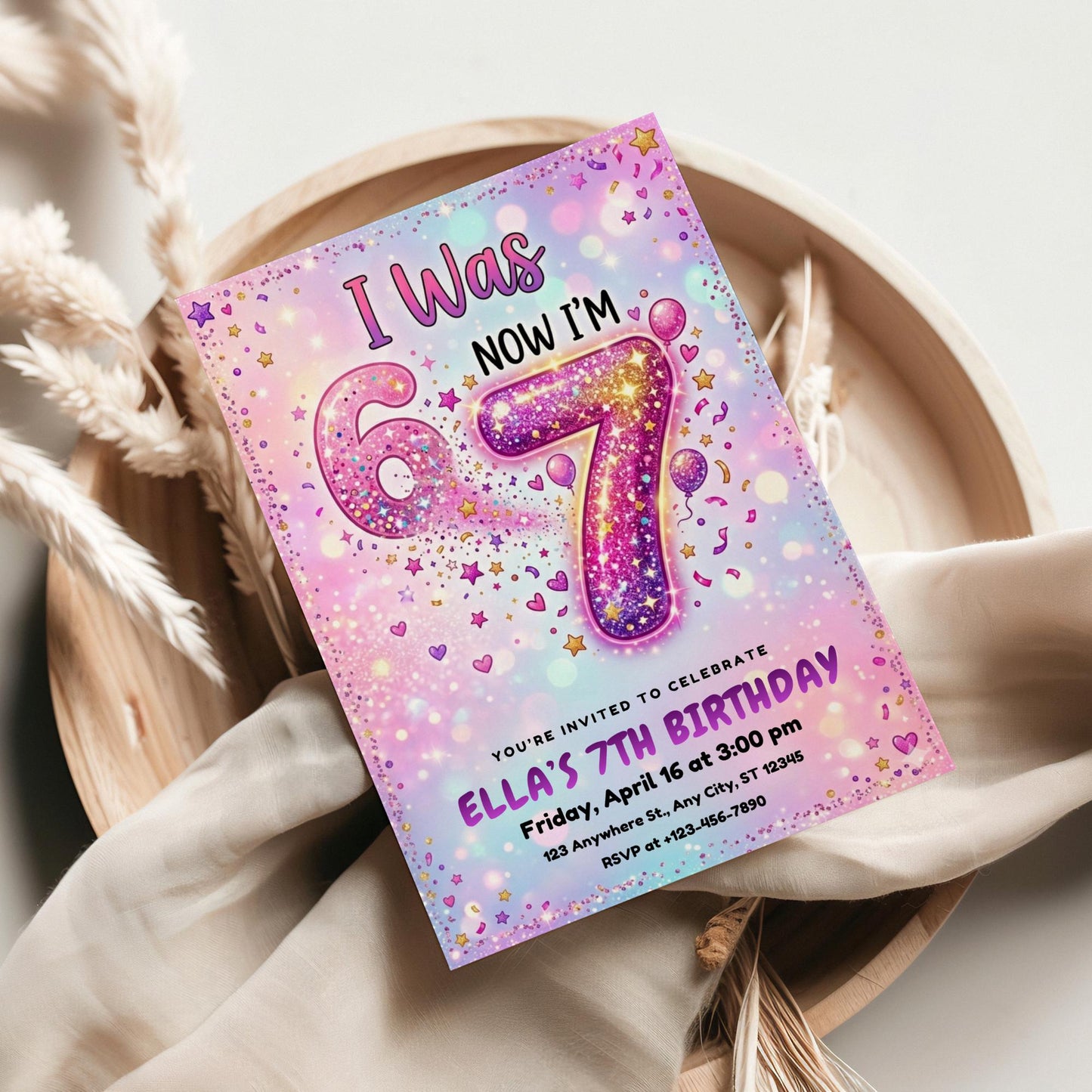 I Was 6 Now I'm 7 Birthday Invitation Rainbow glitter 6-7 7th Party Editable Invite Girl 7th Birthday Evite Meme Gen Alpha Birthday Download