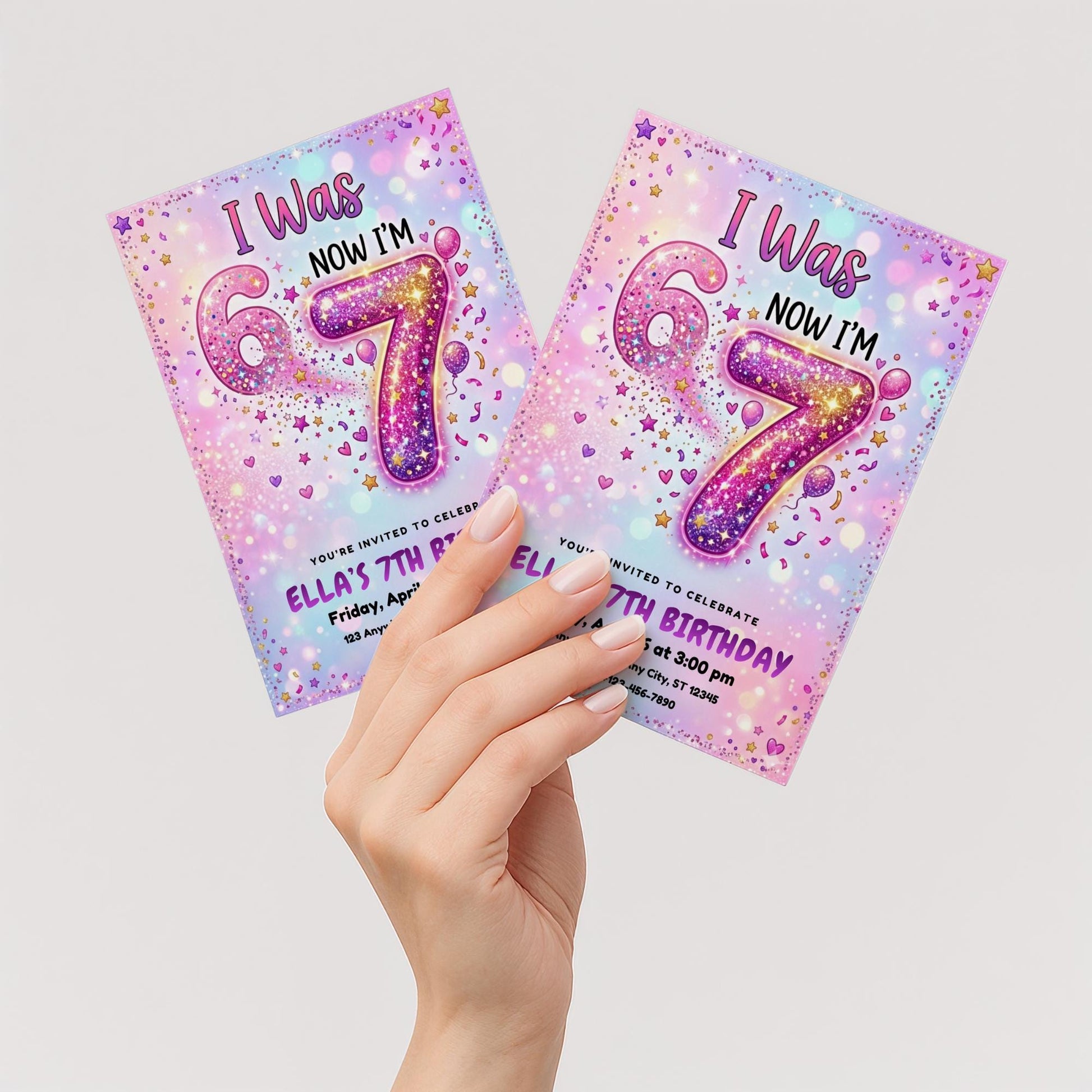 I Was 6 Now I'm 7 Birthday Invitation Rainbow glitter 6-7 7th Party Editable Invite Girl 7th Birthday Evite Meme Gen Alpha Birthday Download