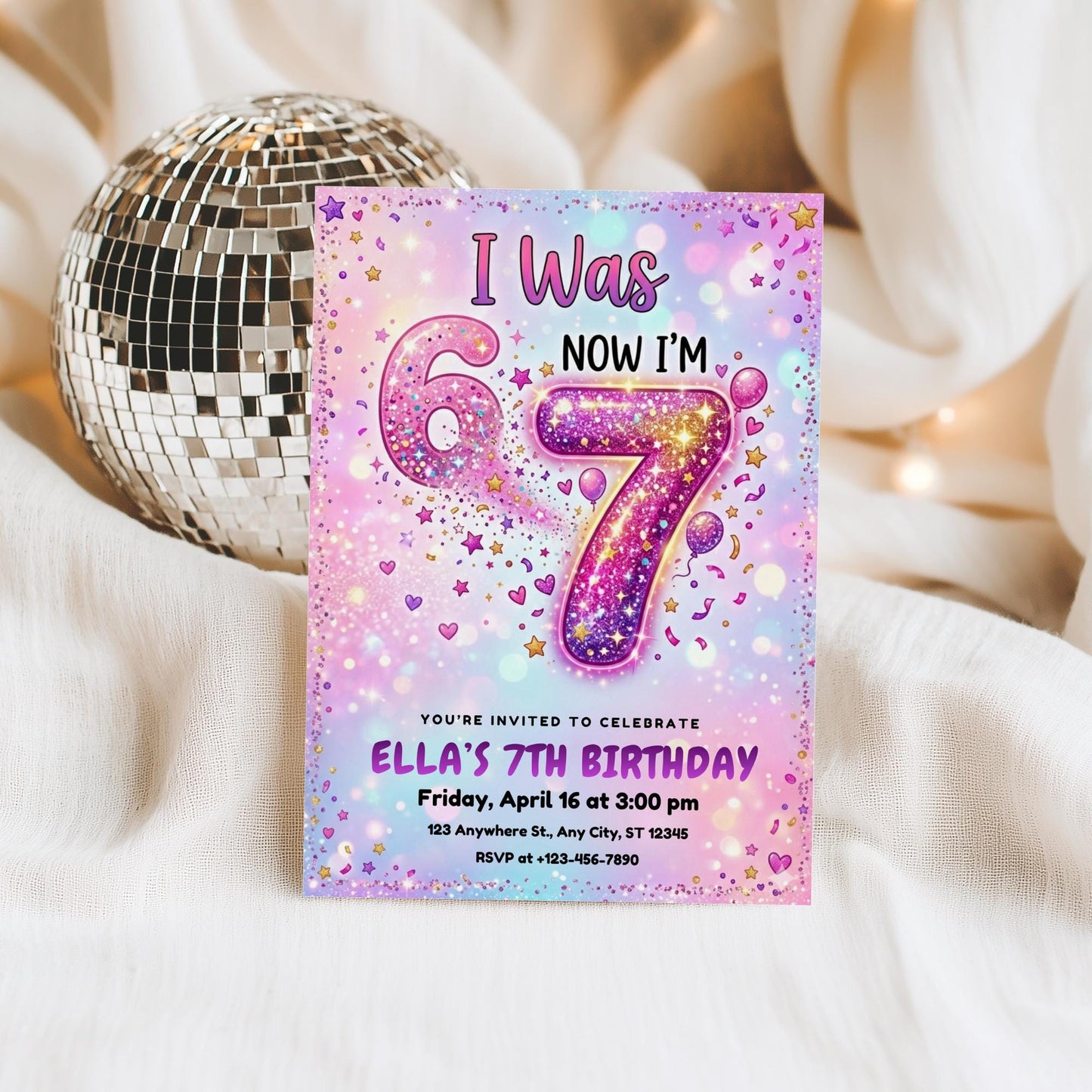 I Was 6 Now I'm 7 Birthday Invitation Rainbow glitter 6-7 7th Party Editable Invite Girl 7th Birthday Evite Meme Gen Alpha Birthday Download