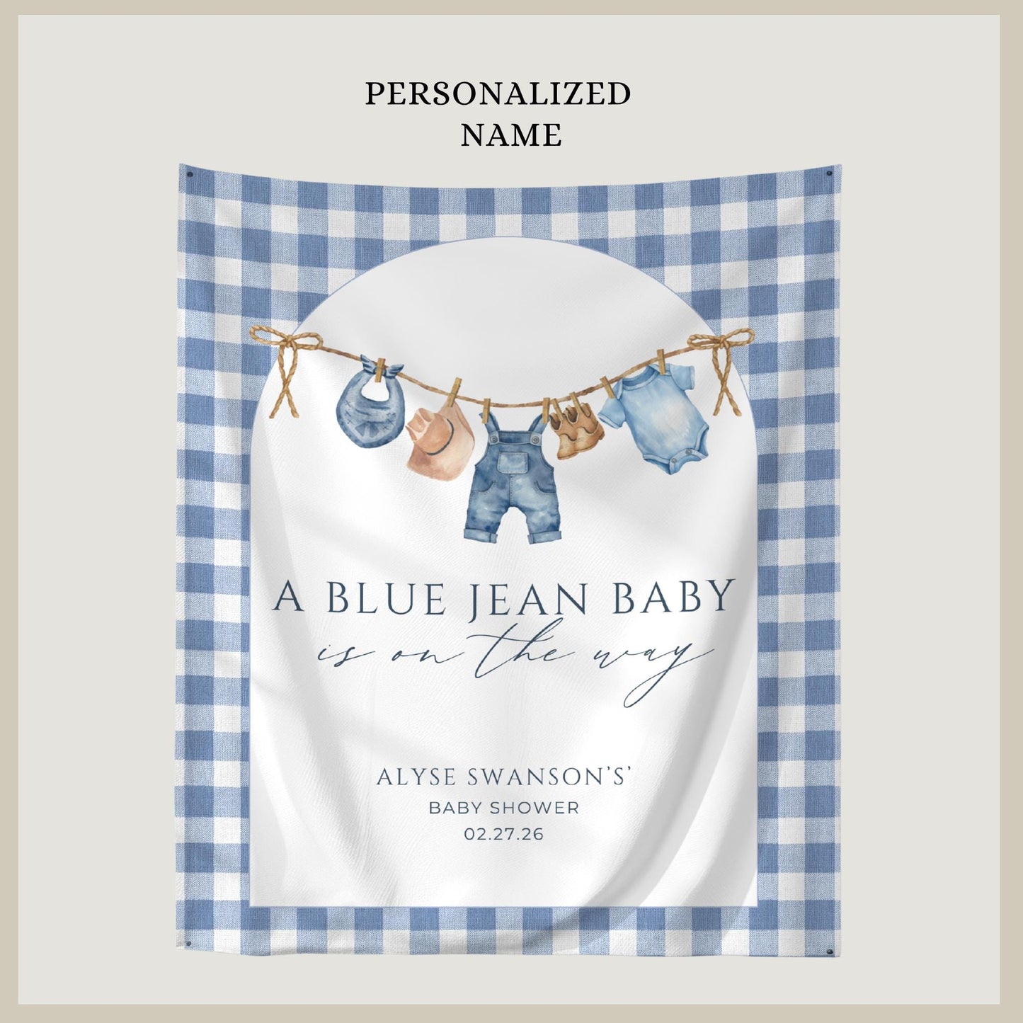 Blue Jean Baby Shower Personalized Banner Denim Baby Sprinkle Decor Photo Backdrop Custom Banner Boy Cowboy Baby Shower Ideas