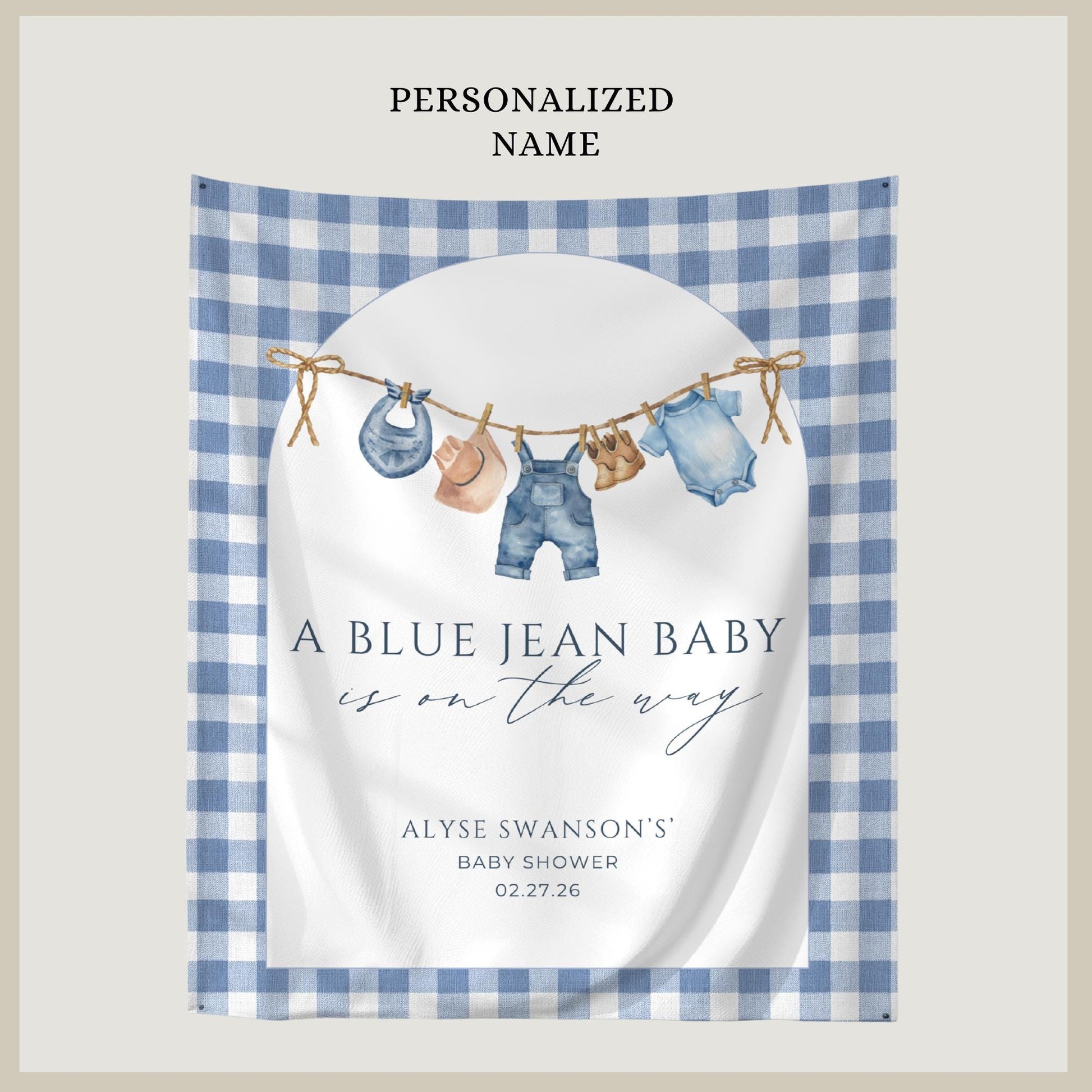 Blue Jean Baby Shower Personalized Banner Denim Baby Sprinkle Decor Photo Backdrop Custom Banner Boy Cowboy Baby Shower Ideas