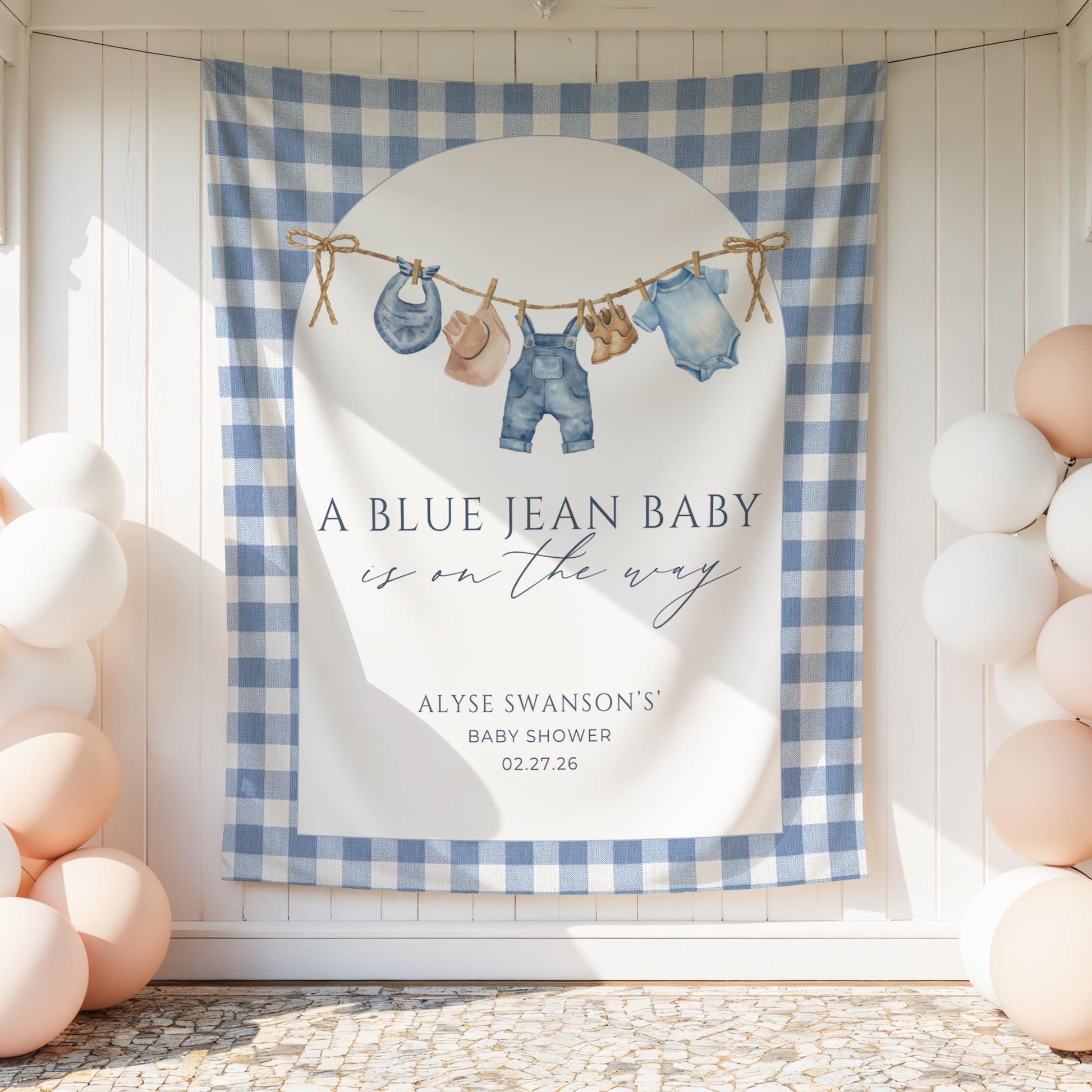 Blue Jean Baby Shower Personalized Banner Denim Baby Sprinkle Decor Photo Backdrop Custom Banner Boy Cowboy Baby Shower Ideas