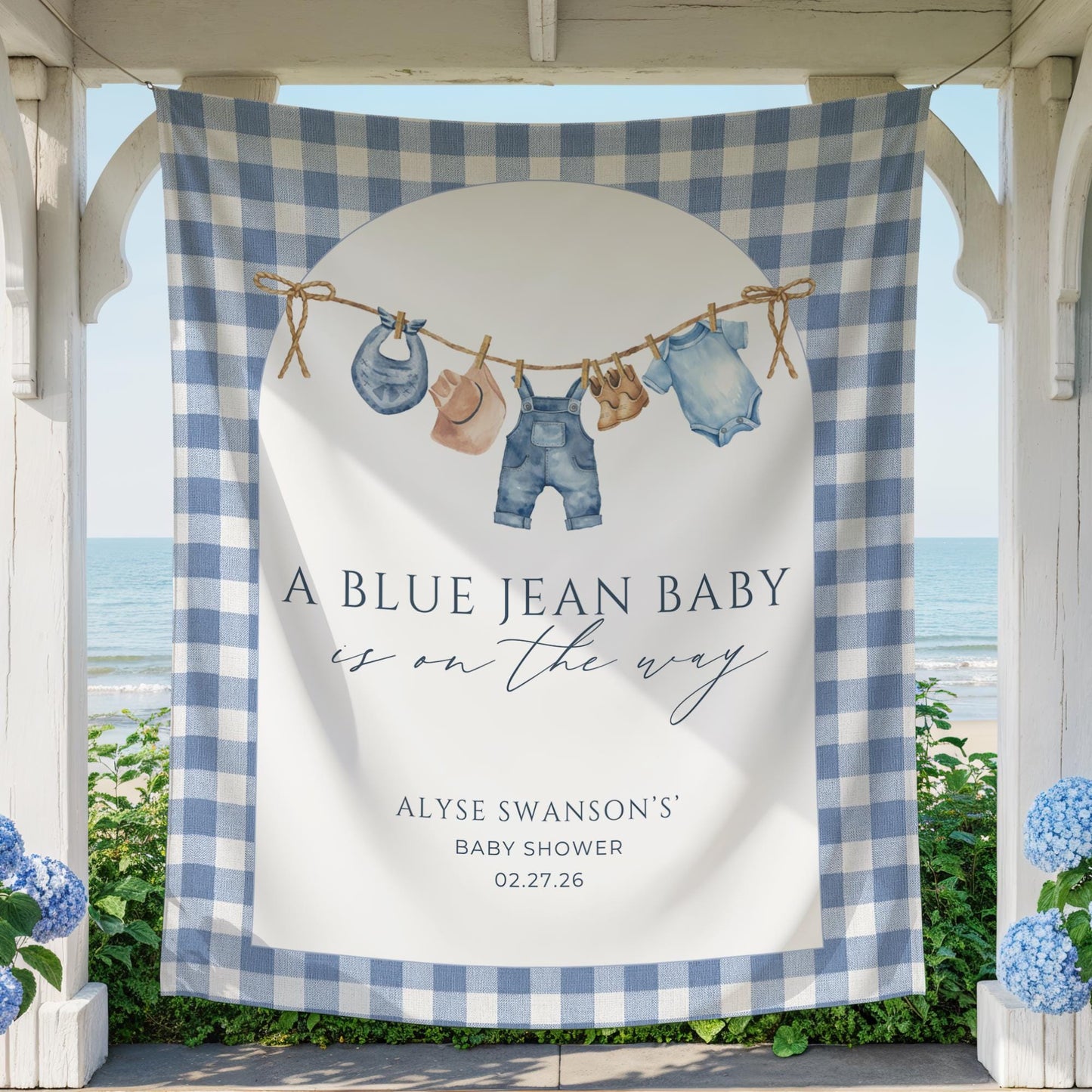 Blue Jean Baby Shower Personalized Banner Denim Baby Sprinkle Decor Photo Backdrop Custom Banner Boy Cowboy Baby Shower Ideas