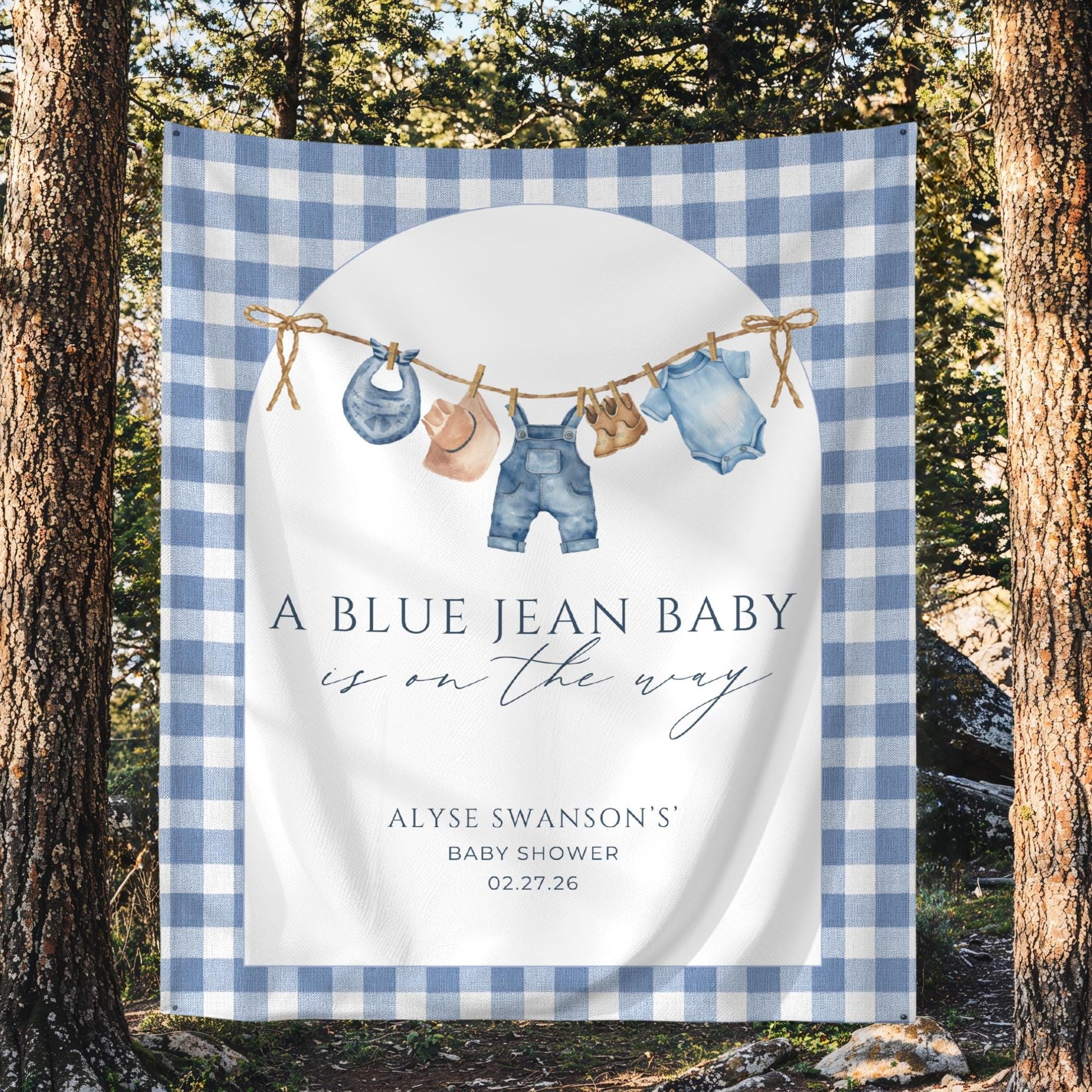 Blue Jean Baby Shower Personalized Banner Denim Baby Sprinkle Decor Photo Backdrop Custom Banner Boy Cowboy Baby Shower Ideas