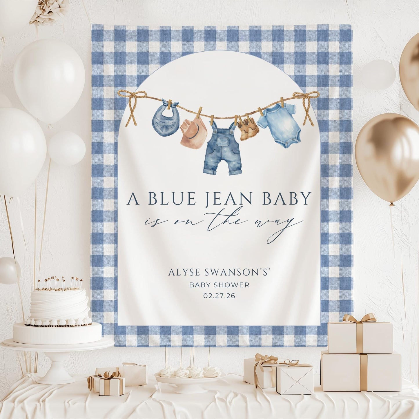 Blue Jean Baby Shower Personalized Banner Denim Baby Sprinkle Decor Photo Backdrop Custom Banner Boy Cowboy Baby Shower Ideas