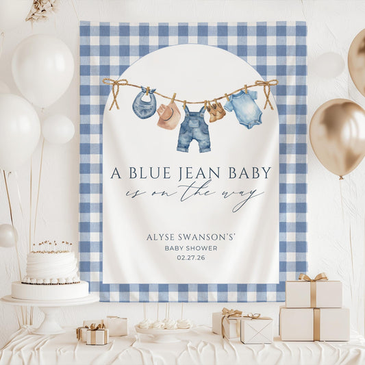 Blue Jean Baby Shower Personalized Banner Denim Baby Sprinkle Decor Photo Backdrop Custom Banner Boy Cowboy Baby Shower Ideas