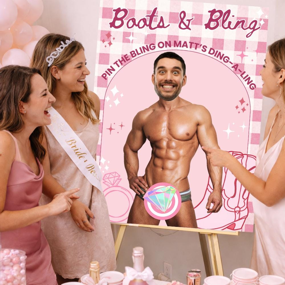 Boots and Bling Bachelorette Party Game Cowgirl Western Bridal Shower personalized decor sign Pin the Junk Editable Games Groom Face Decor