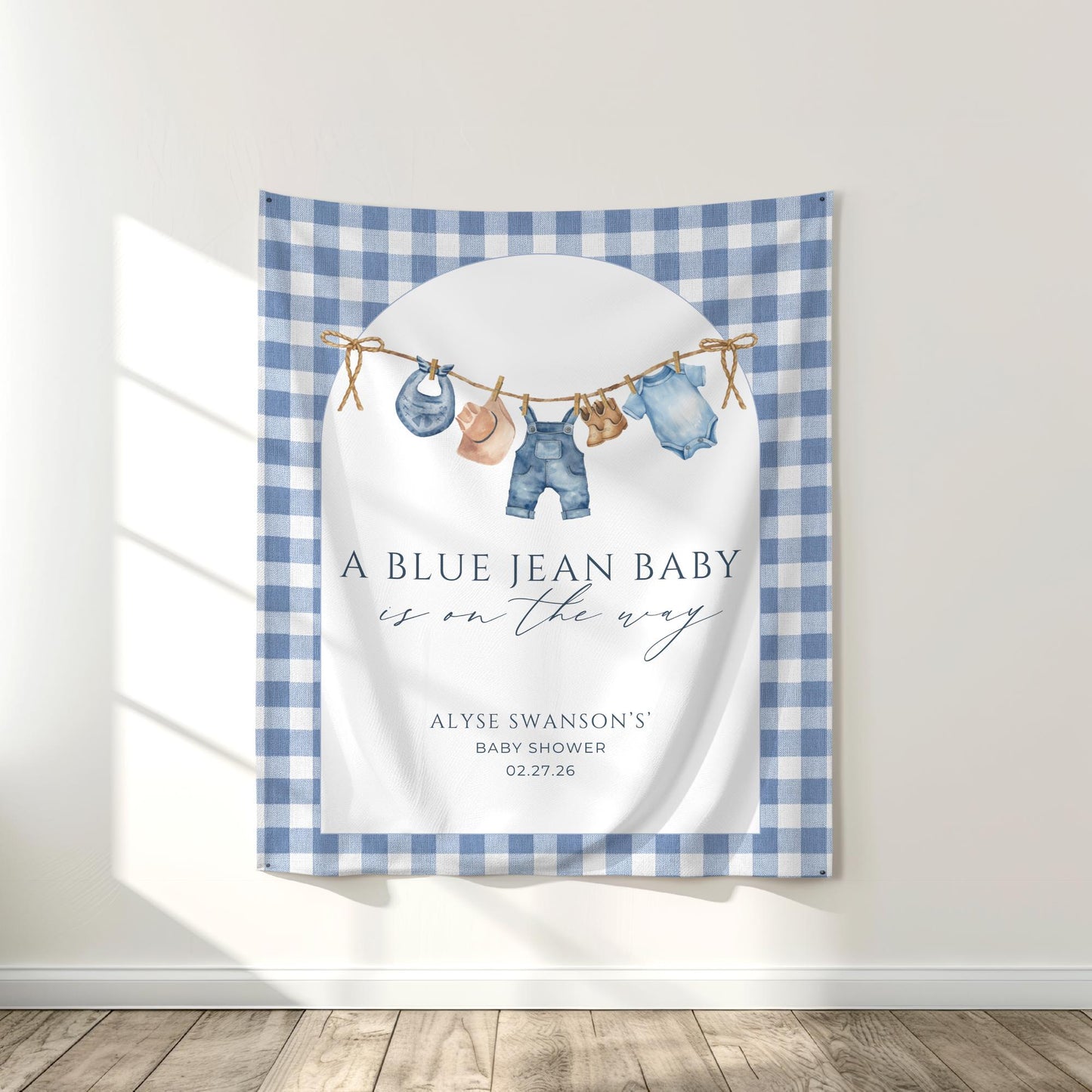 Blue Jean Baby Shower Personalized Banner Denim Baby Sprinkle Decor Photo Backdrop Custom Banner Boy Cowboy Baby Shower Ideas