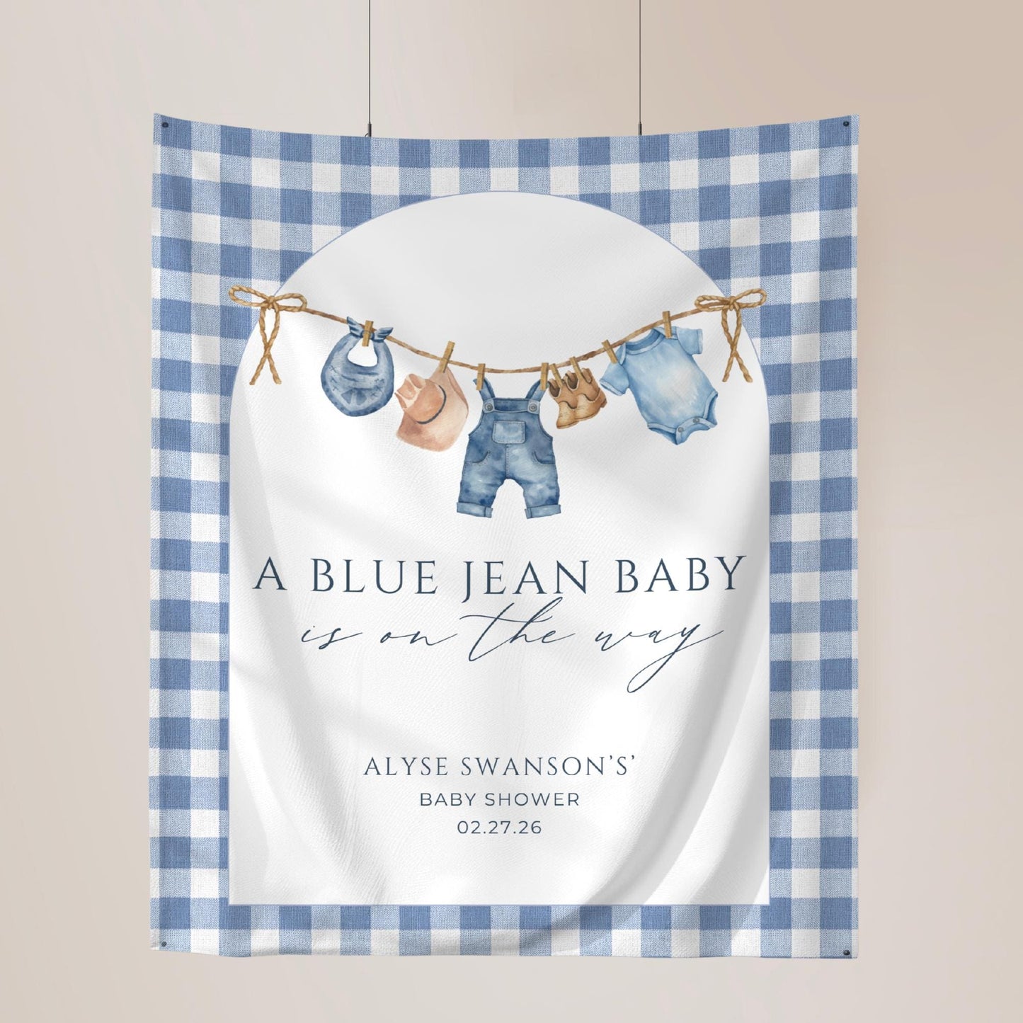 Blue Jean Baby Shower Personalized Banner Denim Baby Sprinkle Decor Photo Backdrop Custom Banner Boy Cowboy Baby Shower Ideas