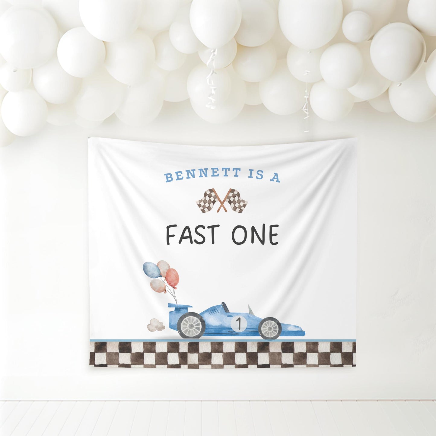Fast One Birthday Personalized Banner 1st Birthday Racecar Party Decor Photo Backdrop Racing Custom Banner first lap down Wall Decor