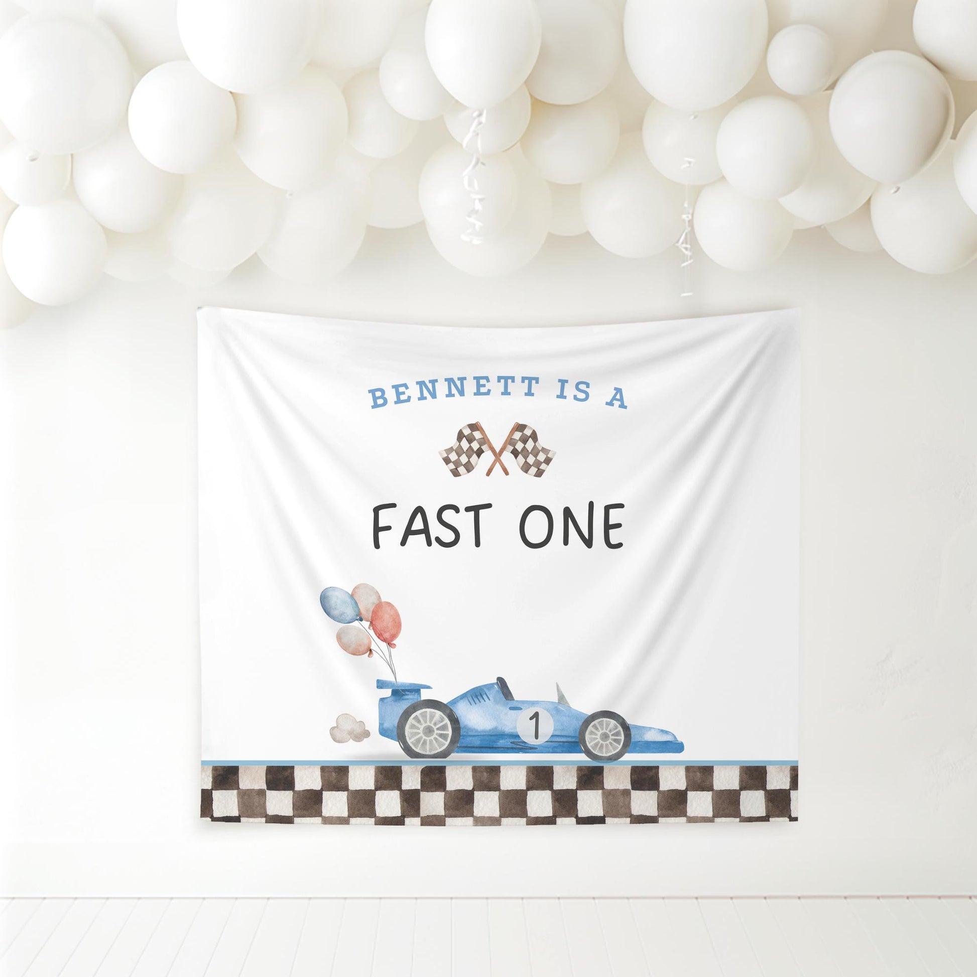 Fast One Birthday Personalized Banner 1st Birthday Racecar Party Decor Photo Backdrop Racing Custom Banner first lap down Wall Decor