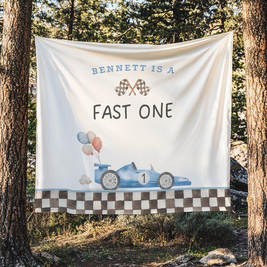 Fast One Birthday Personalized Banner 1st Birthday Racecar Party Decor Photo Backdrop Racing Custom Banner first lap down Wall Decor